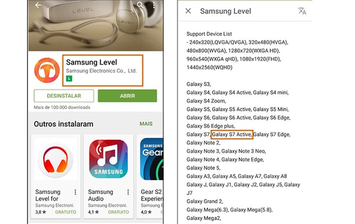 Galaxy S7 Active aparece listado em app oficial da Samsung Level (Foto: Reprodução/Barbara Mannara)