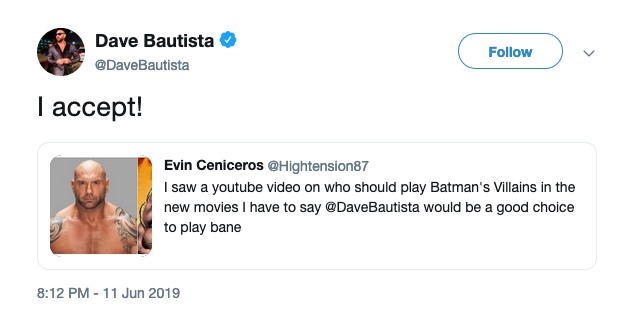 O tuíte no qual Dave Bautista se candidatou para viver o vilão Bane no próximo filme solo do herói Batman (Foto: Twitter)