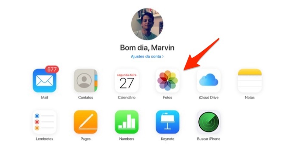 Ação mostra como acessar o serviço Fotos do iCloud para recuperar fotos apagadas no iPhone — Foto: Reprodução/Marvin Costa