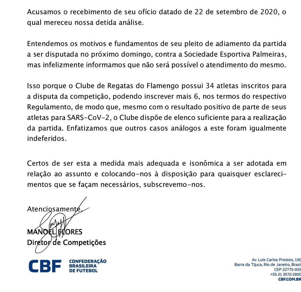Documento assinado por Manoel Flores com a negativa de adiamento — Foto: Reprodução