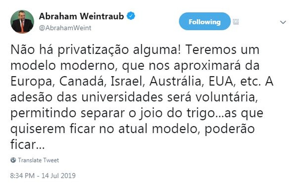 Reprodução de tuíte do ministro da Educação, Abraham Weintraub, publicado na segunda-feira, 14 de julho. — Foto: Reprodução/Twitter