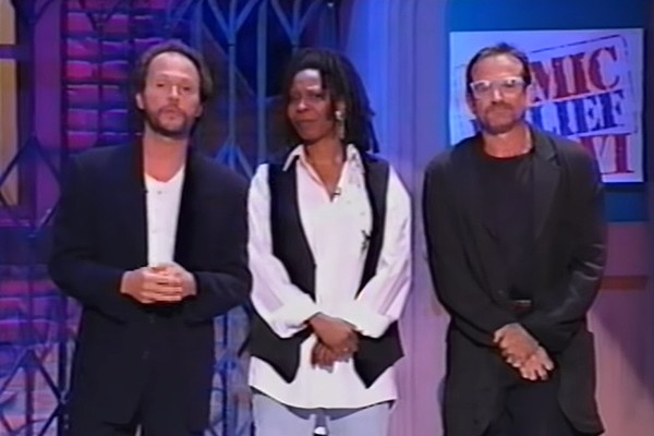 Billy Crystal, Whoopi Goldberg e Robin Williams no evento Comic Relief VI, realizado em 1994 (Foto: reprodução)
