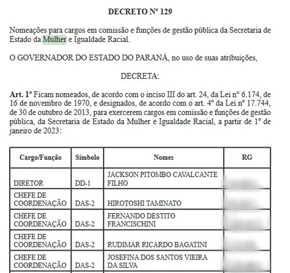 Decreto com nomeação de Fernando Francischini para chefe da Secretaria da Mulher foi publicado na quinta (12) — Foto: Reprodução/Diário Oficial do Paraná