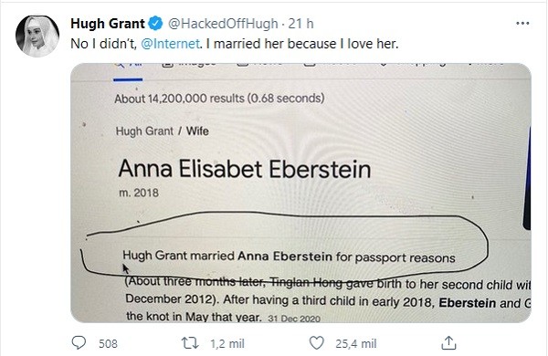 O tuíte de Hugh Grant, irritado com alegação de que teria se casado tendo em vista o passaporte sueco (Foto: Twitter)