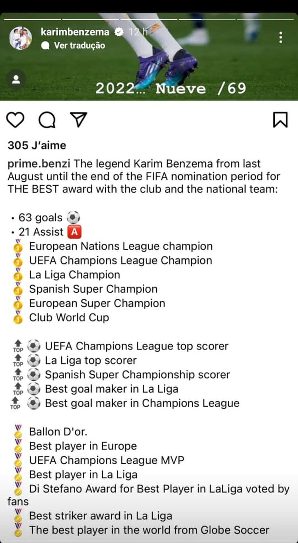 Benzema alfinetou o The Best em postagem — Foto: Reprodução/Instagram