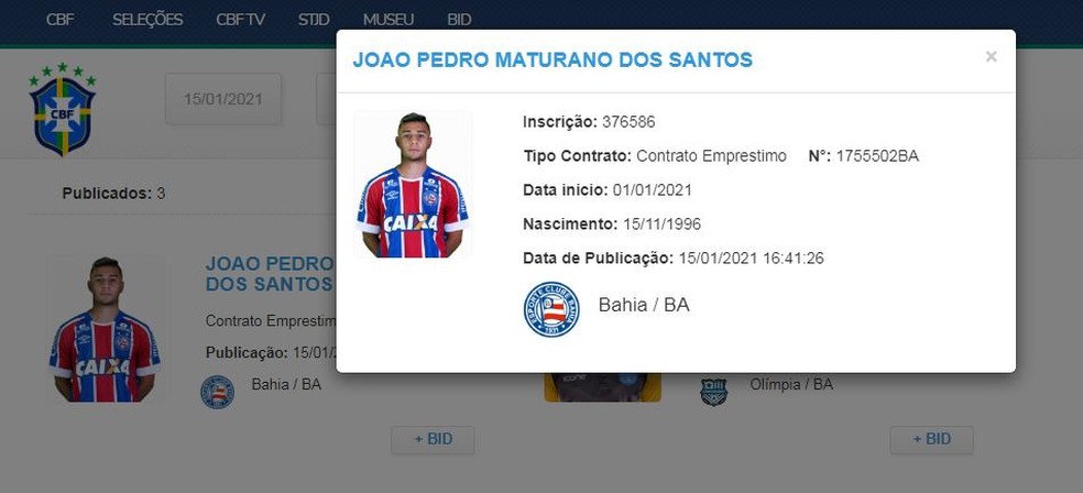 Novo contrato de João Pedro com o Bahia é publicado no BID — Foto: Reprodução / CBF