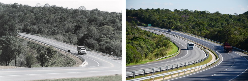 Antes x Depois - Duplicação da Rodovia Raposo Tavares (SP 270), entre Araçoiaba da Serra e Itapetininga – km 140 — Foto: Arquivo CCR SPVias