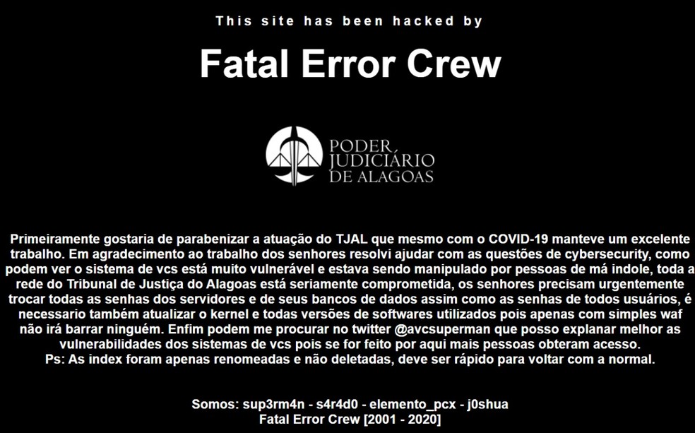 Site do Tribunal de JUstiça de Alagoas foi alvo de hackers — Foto: Reprodução