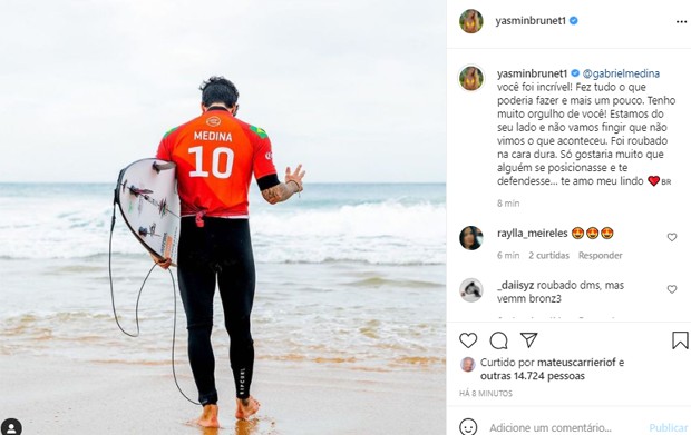 Yasmin Brunet posta após Gabriel Medina ser eliminado na semifinal das Olimpíadas de Tóquio (Foto: Reprodução/Instagram)