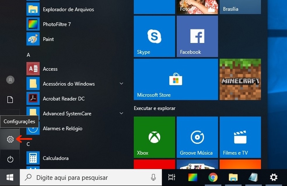 Caminho para painel de Configuraes no Windows 10  Foto ReproduoRaquel Freire