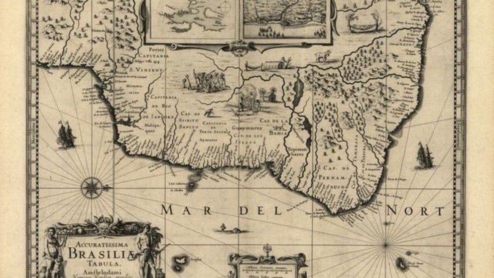 Mapa do Brasil mostra capitanias em 1630 — Foto: Biblioteca do Congresso dos EUA/BBC