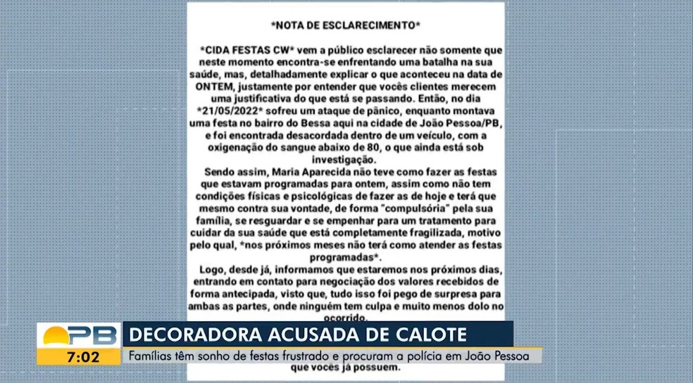 Vítimas acusam decoradora de festas de João Pessoa de não cumprir com contratos — Foto: Reprodução/TV Cabo Branco