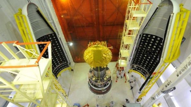 O Mars Orbiter sendo colocado dentro de um foguete (Foto: Getty Images via BBC News Brasil)