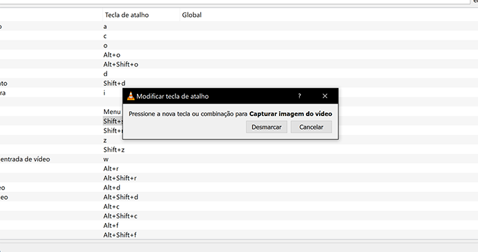 Pressione o atalho que deseja adotar para captura de tela no VLC (Foto: Reprodução/Elson de Souza)