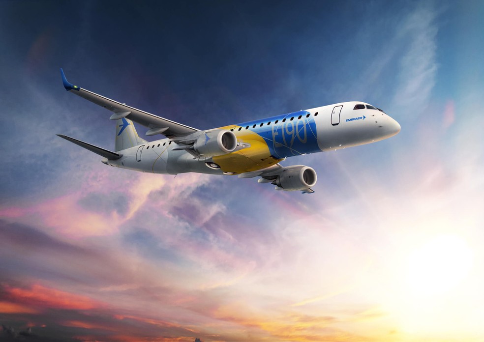 Avião modelo E190 da Embraer — Foto: Divulgação/Embraer