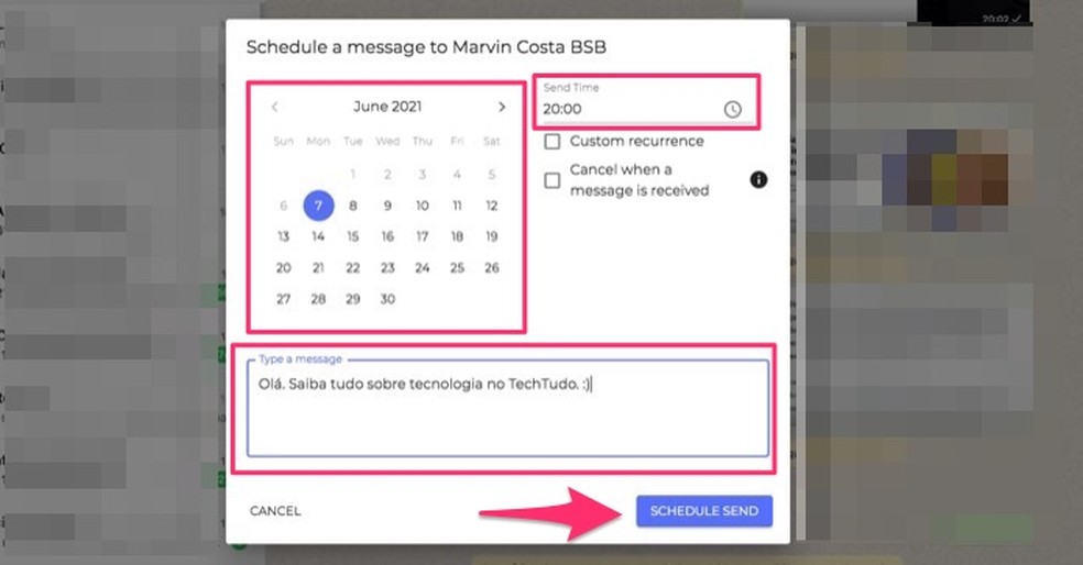 Ação mostra como programar mensagem no WhatsApp usando a extensão Blueticks para Chrome — Foto: Reprodução/Marvin Costa