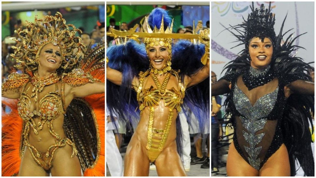 Viviane Araújo, do Salgueiro; Sabrina Sato, da Vila ISabel; e Juliana Alves, da Unidos da Tijuca: rainhas de bateria veteranas no carnaval do Rio (Foto: Alexandra Durão/G1)