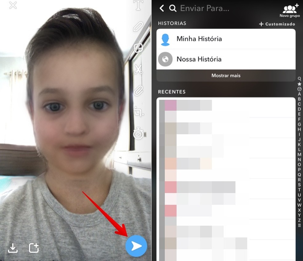 Enviando imagem para amigos do Snapchat — Foto: Reprodução/Helito Beggiora