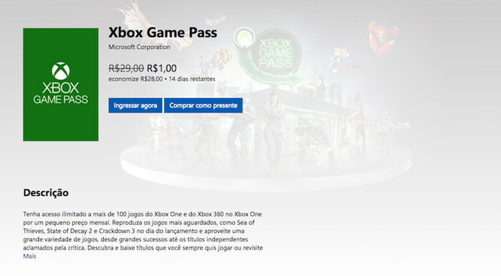 Microsoft oferece assinatura Xbox Game Pass por R$ 1 (Foto: ReproduÃ§Ã£o/Murilo Molina)