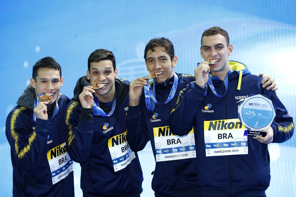 Mundial de Hangzhou em piscina curta - Luiz Altamir, Leonardo Santos, Breno Correia e Fernando Scheffer â Foto: Satiro SodrÃ© / SSPress / CBDA