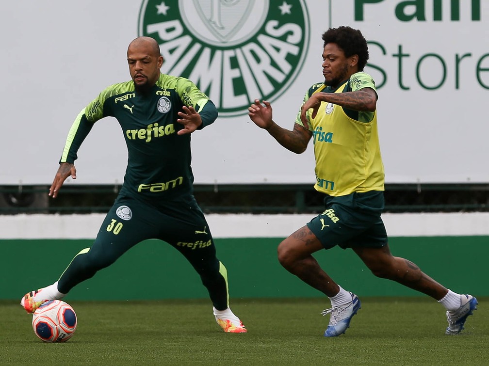 Felipe Melo e Luiz Adriano disputam jogada durante treino do Palmeiras — Foto: Cesar Greco / Ag. Palmeiras