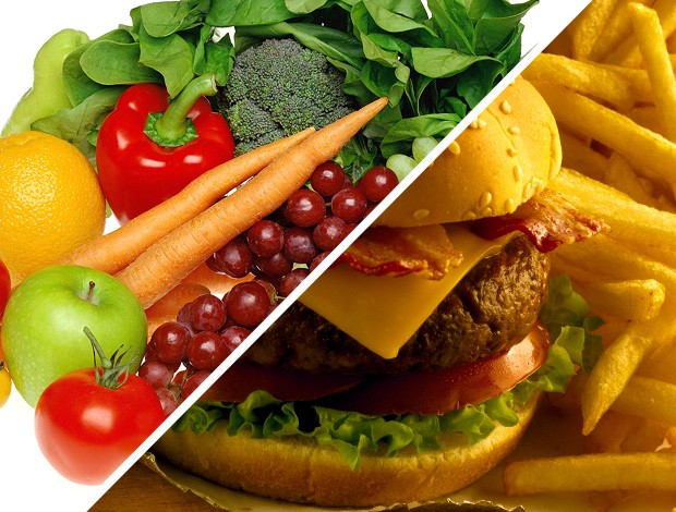 MONTAGEM - EU ATLETA -  frutas legumes e sanduíche (Foto: Agência Getty Images)