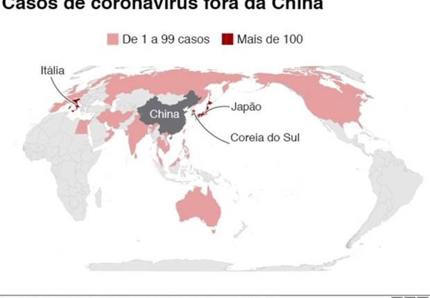 BBC News Brasil: Os mapas que mostram o avanço do coronavírus pelo mundo (Foto: Organização Mundial da Saúde via BBC)