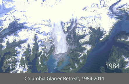 Animação do derretimento das geleiras de Columbia, no Alaska, entre 1984 e 2011 (Foto: Divulgação/Google)