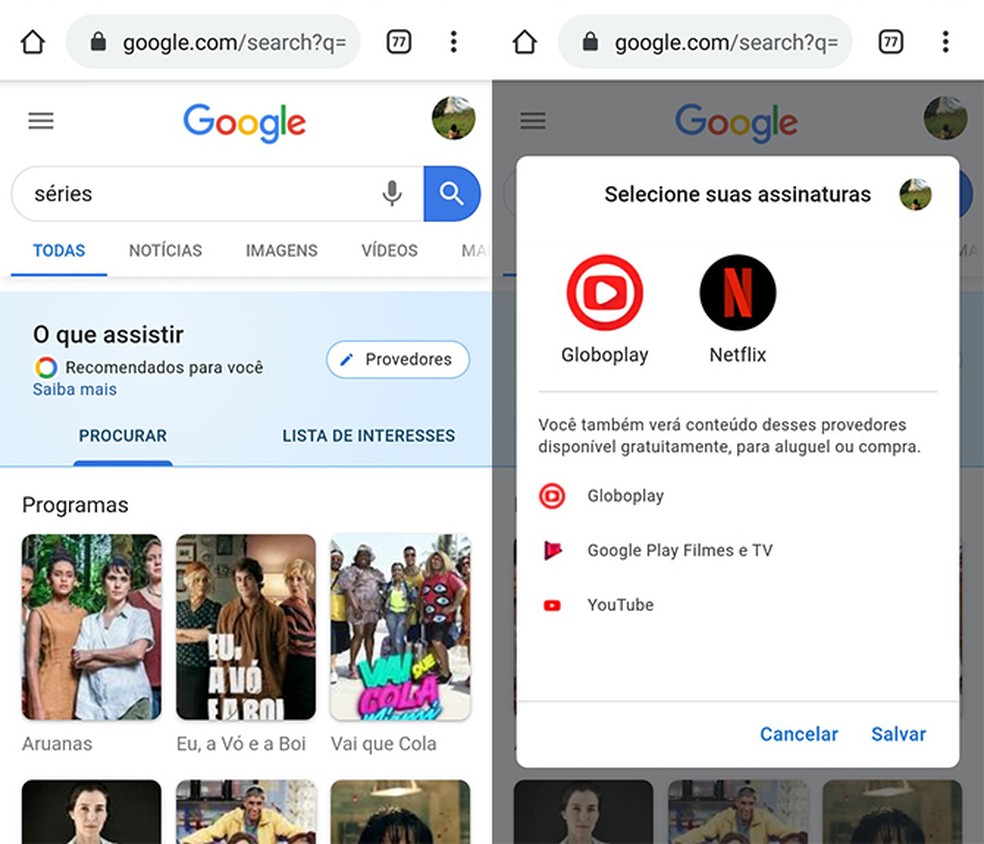 Google exibe dicas de filmes e series dos streaming do usuário — Foto: Reprodução/Marcela Franco