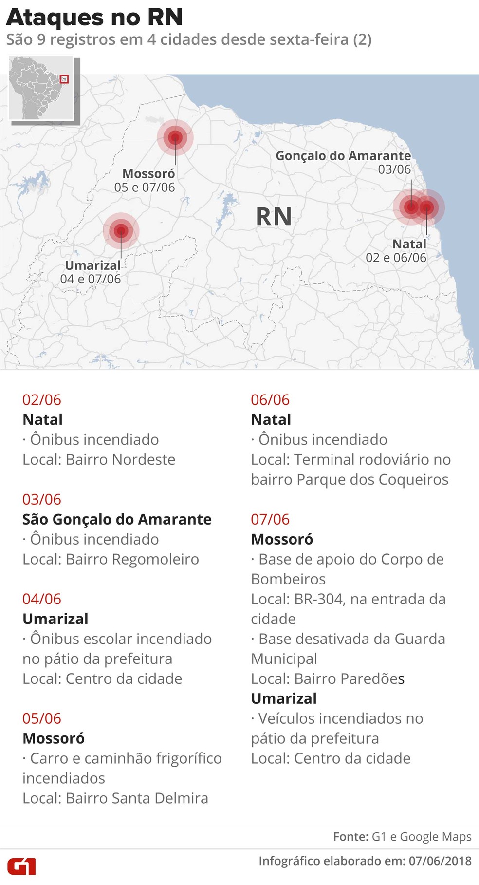 16h40: Mapa mostra ataques no RN (Foto: Infográfico: Alexandre Mauro / G1)