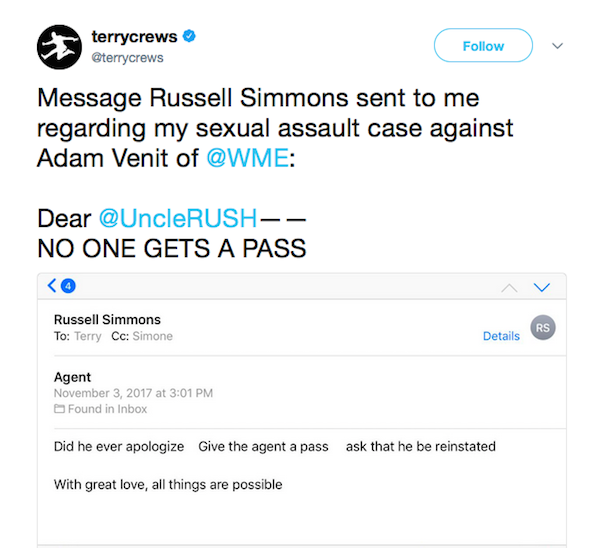 O tuíte no qual o ator Terry Crews expõe o email do empresário Russell Simmons (Foto: Twitter)