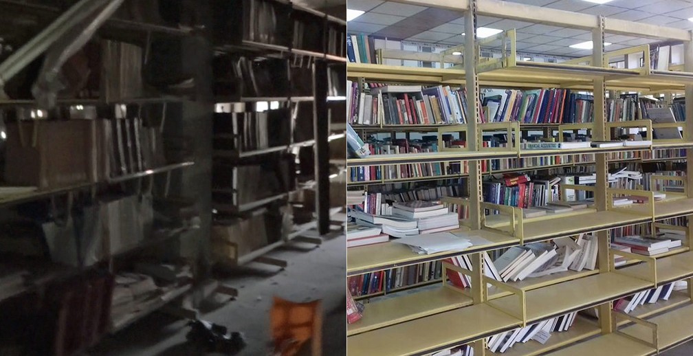 Antes e depois: mais de 32 mil livros foram resgatados dos escombros do prédio original da biblioteca da Universidade de Mossul em 2017, após a saída do Estado Islâmico, e levados para outro prédio no campus, onde em fevereiro de 2018 a biblioteca foi reaberta (Foto: Divulgação/Saad Hadi/Mosul Eye)
