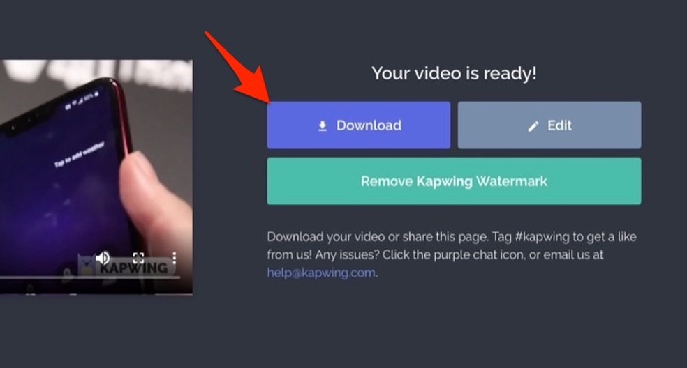 Ação para baixar um arquivo com vídeos do YouTube mesclados pelo serviço online Kapwing — Foto: Reprodução/Marvin Costa