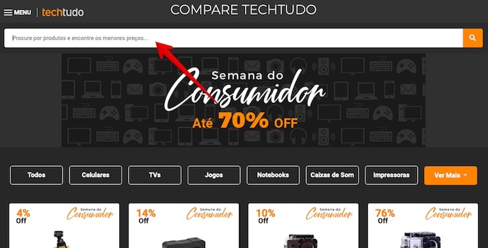 Use o campo de buscas do Compare TechTudo — Foto: Reprodução/Helito Beggiora
