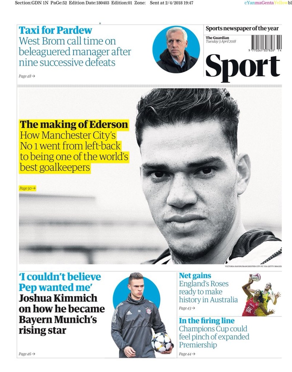Perfil de Ederson ainda estampa capa do caderno de esportes do Guardian (Foto: Reprodução / The Guardian)