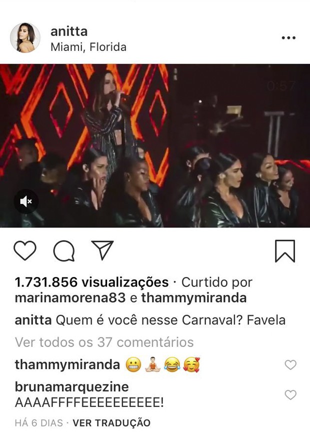 Comentários e curtidas de Bruna Marquezine no perfil de Anitta (Foto: Reprodução/Instagram)