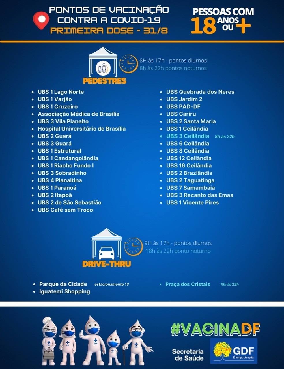 Postos de vacinação para pessoas a partir de 18 anos nesta terça-feira (31), no DF — Foto: SES-DF/Reprodução