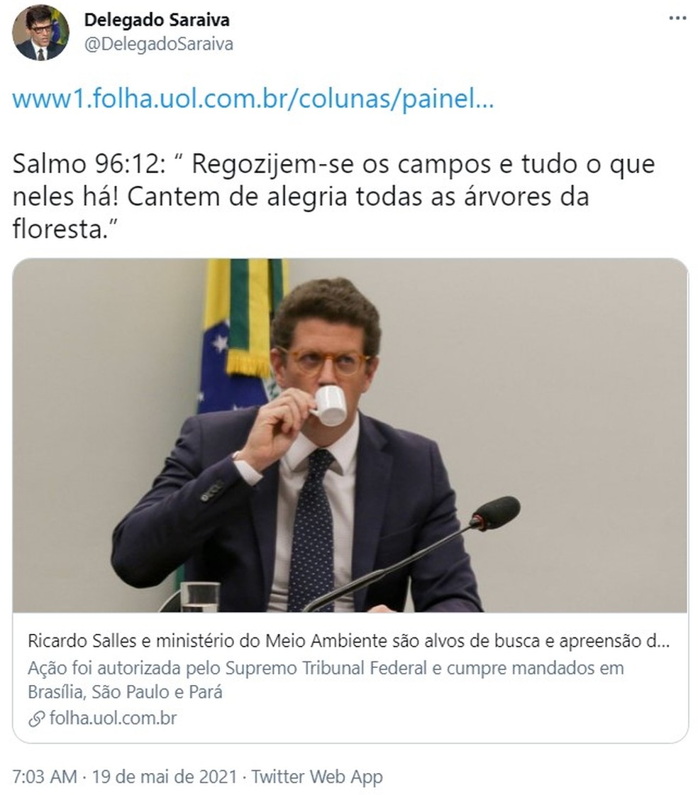 Alexandre Saraiva, delegado da Polícia Federal, faz publicação sobre operação da PF que mira o ministro Ricardo Salles, do Meio Ambiente — Foto: Reprodução/Redes Sociais