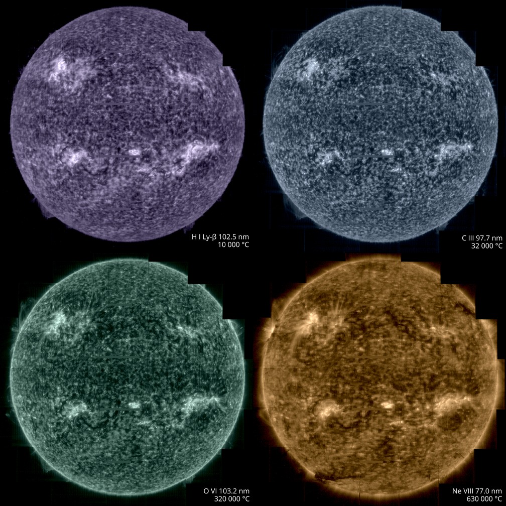 Cores mostram diferentes pontos da atmosfera do Sol — Foto: ESA & NASA/Solar Orbiter/SPICE team; Data processing: G. Pelouze (IAS)