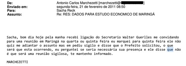 Trecho de e-mail de Antonio Carlos Marchezetti para Sacha Reck reunião do edital de Maringá (Foto: Reprodução)