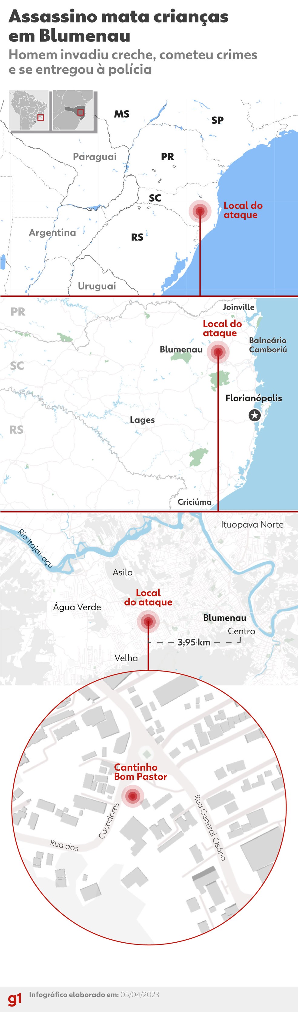 Mapa mostra local do ataque em Blumenau — Foto: Arte/g1
