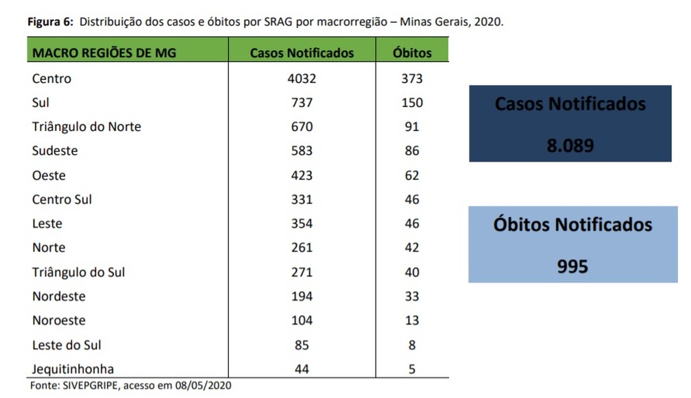 Sul de Minas já tem 150 mortes por SRAG em 2020, quase sete vezes mais do que mortes por Covid-19 — Foto: Reprodução / SES-MG
