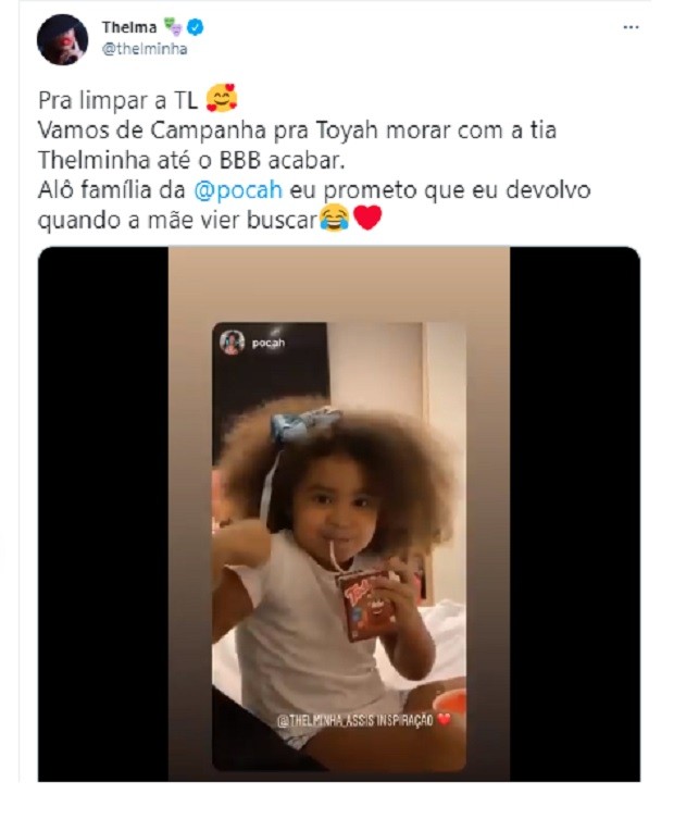 Ex-BBB Thelma mostra encantamento por Vitória, filha da cantora Pocah (Foto: Reprodução/Instagram)