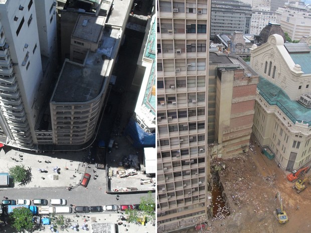 Imagens de janeiro de 2009 (esq.) e deste domingo, 29 de janeiro, permitem comparar a esquina onde ocorreu o desabamento (Foto: João Carlos Rebello Caribé/G1 e Bernardo Tabak/G1)