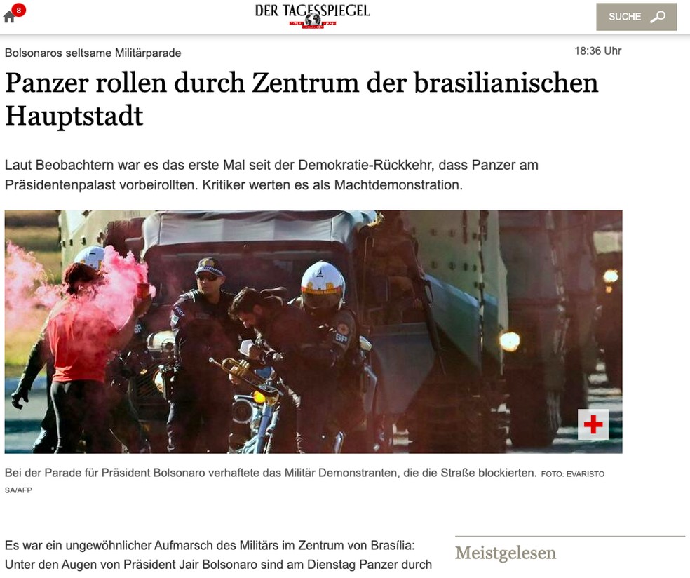 Der Taegesspiegel (Alemanha) sobre ato militar na Praça dos Três Poderes — Foto: Reprodução