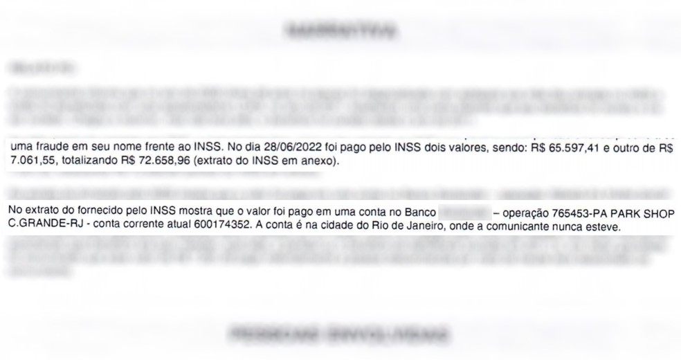 Denúncia que Elisete teve R$ 72 mil sacados de benefício do INSS no Rio de Janeiro, onde ela nunca esteve — Foto: Reprodução/Arquivo pessoal