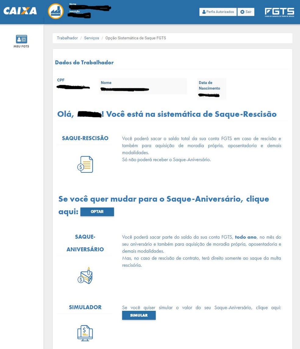 Página da Caixa para aderir ao saque-aniversário do FGTS e simular o valor — Foto: Reprodução