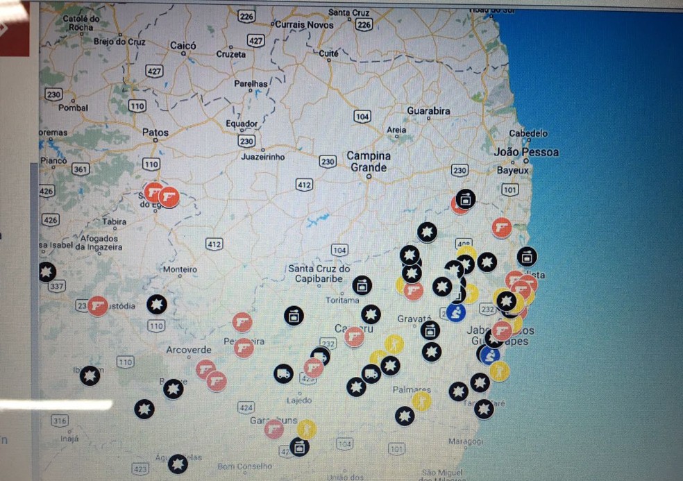Mapa elaborado pelo Sindicato dos Banc&aacute;rios mostra as corr&ecirc;ncias policiais em Pernambuco, este ano (Foto: Divulga&ccedil;&atilde;o/Sindicato dos Banc&aacute;rios de Pernambuco)