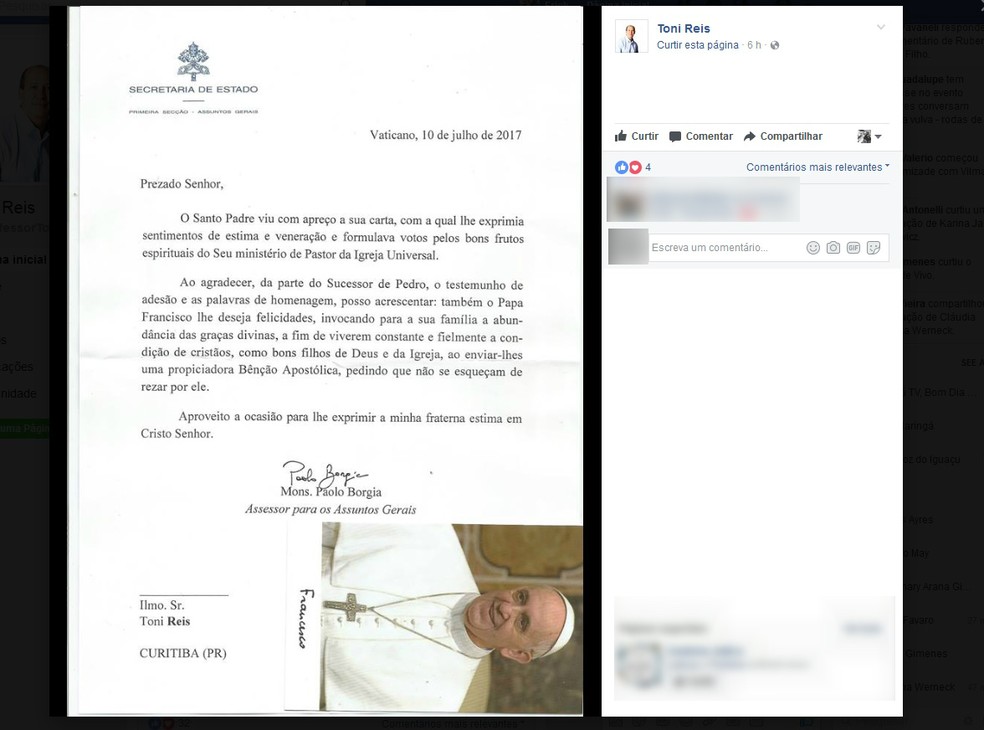 Carta cita propiciadora Bênção Apostólica do papa (Foto: Reprodução/Facebook)
