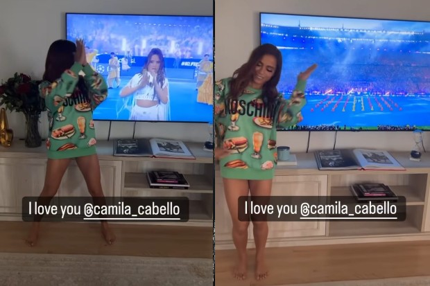 Anitta dança ao lado da televisão durante apresentação de Camila Cabello na final da Champions League (Foto: Reprodução/Instagram)